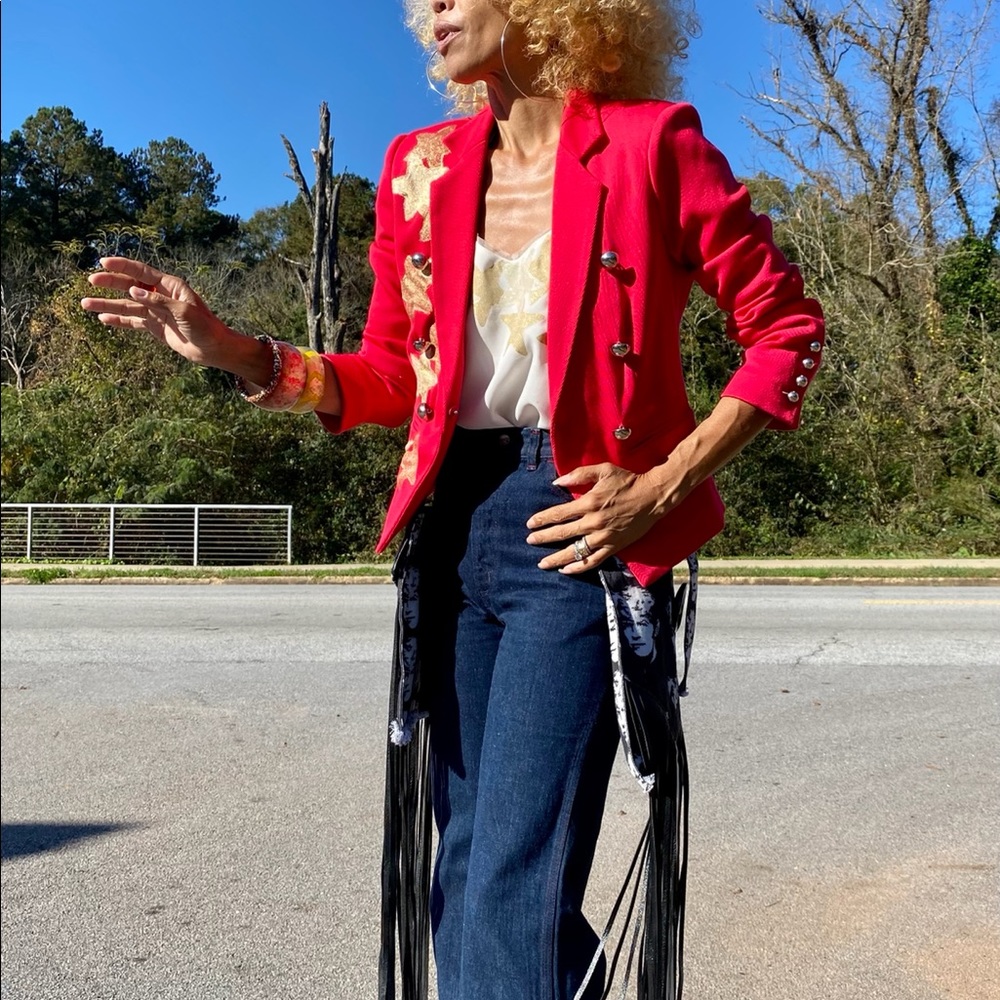 OOAK handpainted red Elizabeth James blazer jacket - Picture 5 of 6